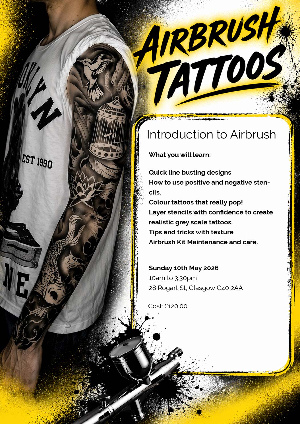 Promotional flyer for an airbrush tattoos workshop with a person wearing a tattooed arm and an airbrush gun.