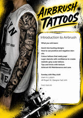 Promotional flyer for an airbrush tattoos workshop with a person wearing a tattooed arm and an airbrush gun.